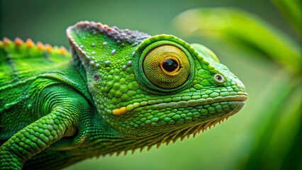 Fototapeta premium Green chameleon basking on a sunlit branch, vibrant green scales contrasting against the lush foliage