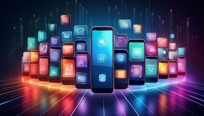 A digital illustration showcasing a variety of mobile phone apps in a vibrant and modern style.