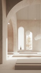 A minimalist modern living hall design with arched ceilings and curving walls.	