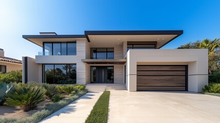 A modern minimalist house on a platform and surrounded by trees. 