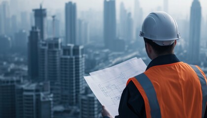 Engineer analyzing architectural plans against a city skyline a vision for urban development and infrastructure progress