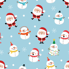 Merry Christmas greeting card background. Santa Claus and snowman seamless pattern. Cute holiday cartoon character vector.