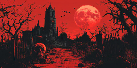 Halloween Background,Silhouette of trees against a vibrant orange sunset sky with a full moon with castle,Generated By Ai