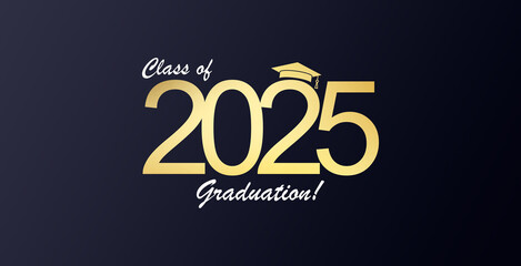 Futuristic graduation class of 2025 banner concept with glowing low polygonal golden graduation cap.