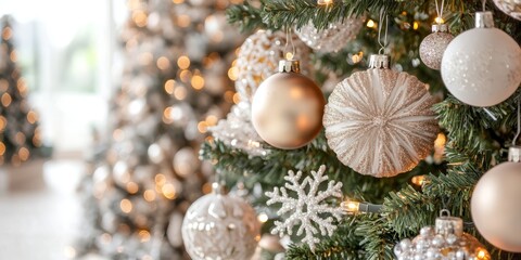 Merry Christmas and Happy New Year with a decorated Christmas tree festive background.