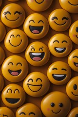 A vibrant collection of yellow emojis with various smiling expressions, showcasing a lively assortment of happy faces in a playful and colorful arrangement