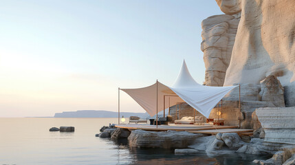a Arabian modern organic structure tent white fabric on a cliff at a calm seafront, modern luxury, 