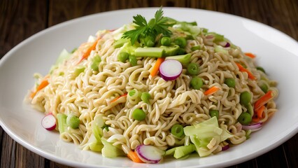 A colorful and appetizing bowl of ramen noodle salad, garnished with fresh vegetables, captured in vivid detail, showcasing a delicious meal option in a vibrant, fresh presentation