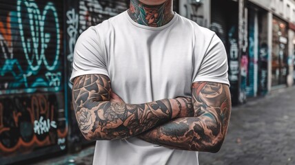 A photo a male model wearing a plain white t-shirt. Concept t-shirt mockup.