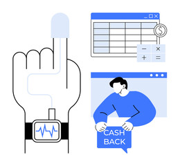 Large hand with smart watch, a calculator and financial table, and a person holding cashback. Ideal for technology, finance, health, modern banking, and digital transactions. Minimalist vector style