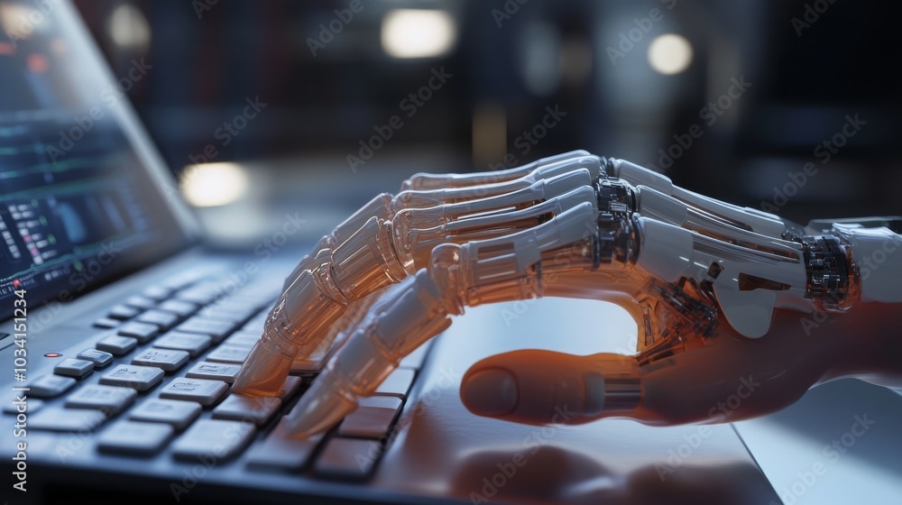 Poster A sleek, robotic hand interacts with a laptop keyboard in a modern setting, illuminated by soft light while surrounded by advanced technology. The atmosphere suggests a late-night work session.