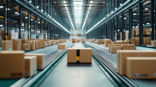 A conveyor belt system in a large warehouse with cardboard boxes being transported.