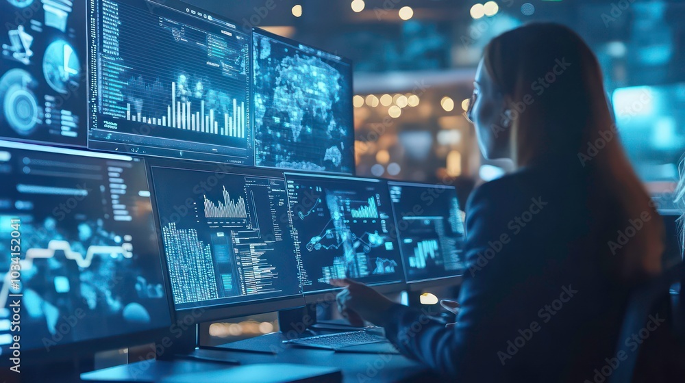 Poster a businesswoman works at a computer with multiple screens displaying data and graphs.