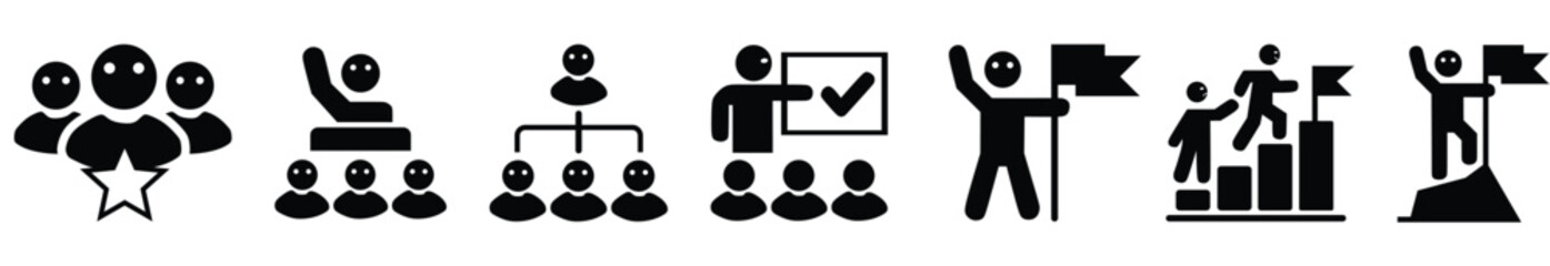 Leadership flat icon set. Containing business teamwork, organization management, manager, strong man, training, partnership, campaign, adviser, achievement, hierarchy, success. Vector illustration۔