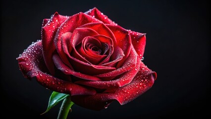 A single red rose with delicate water droplets on its petals, showcasing its vibrant beauty against a dark background.