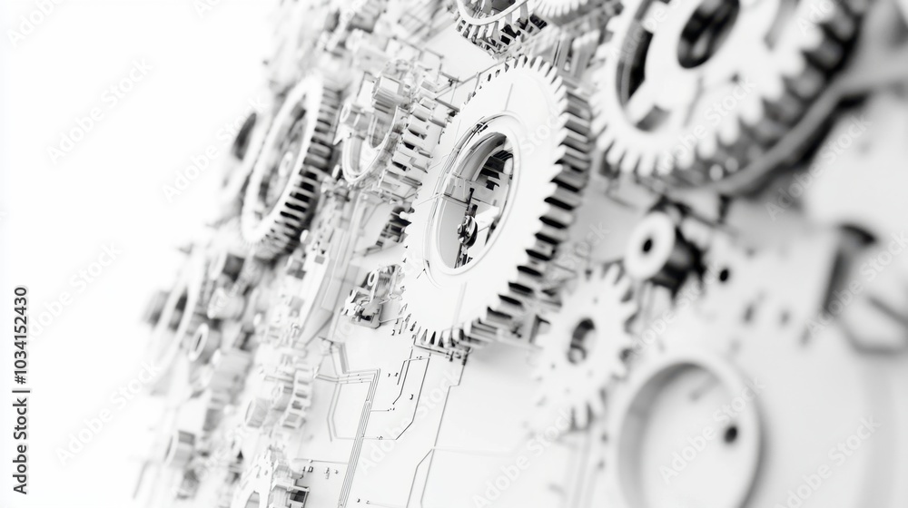 Poster a seamless blend of gears, cogs, and digital circuit patterns in motion against a clean white backgr