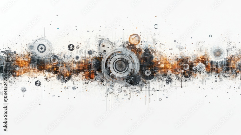 Poster a seamless blend of gears, cogs, and digital circuit patterns in motion against a clean white backgr