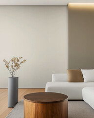 Modern living room design featuring a minimalist sofa and a natural flower arrangement in a vase