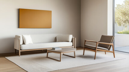 Modern living room with a white sofa, wooden chairs, and minimalist decor in a bright setting