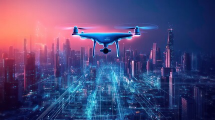 A futuristic drone flying over a neon cityscape with glowing lines.