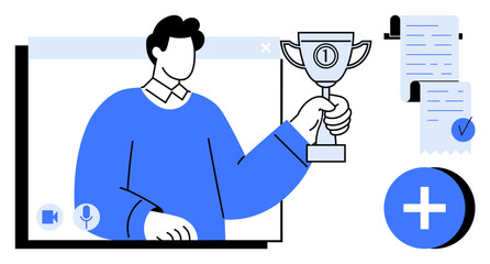 Man holding a trophy appears in online video call window with checklist and plus sign. Ideal for remote success, virtual events, online achievements, digital awards, and remote recognition. Modern
