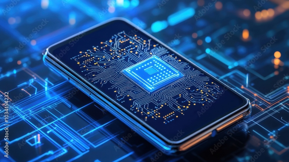 Poster ai chip on a smartphone screen with a vibrant blue tech background, representing advanced digital te