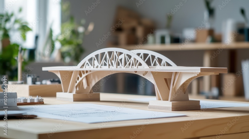 Poster architectural bridge model in focus with technical drawings in the background, showing materials and
