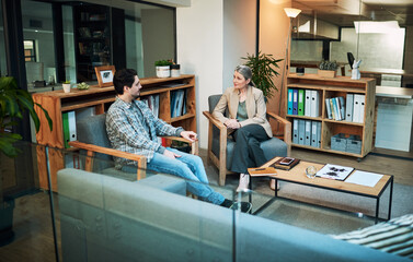 Psychologist, man and patient on couch for consultation with mental health support, guidance and...