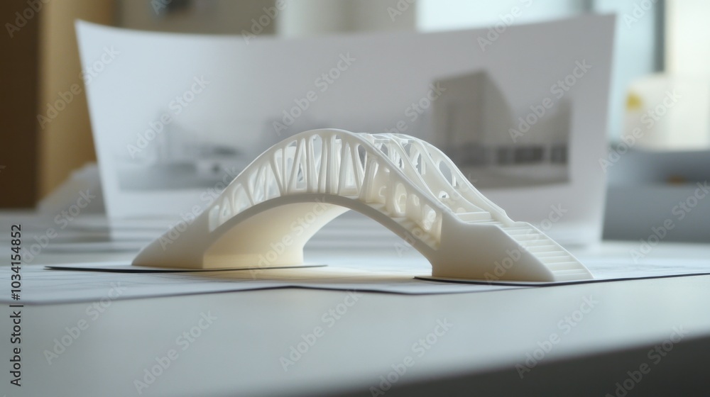 Poster architectural bridge model in focus with technical drawings in the background, showing materials and