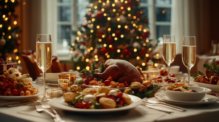 An elegant black-tie holiday feast in a grand ballroom, with towering Christmas trees