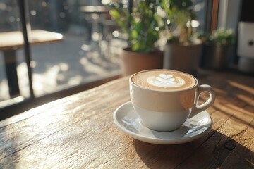Fototapeta premium A Beautifully Crafted Cup of Coffee on a Sunlit Wooden Table Perfect for Relaxation and Inspiration