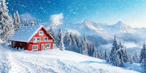 Fototapeta premium red winter house with trees and soft snowflakes on beautiful mountain view background 