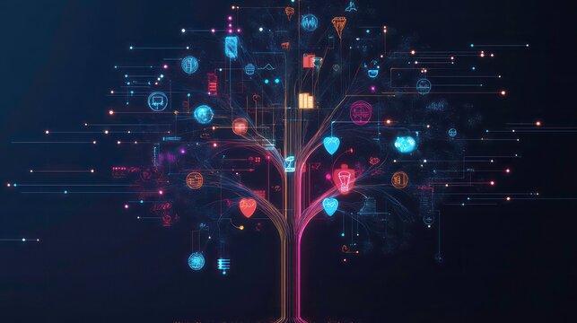 A glowing digital tree with colorful icons and data streams representing the growth and interconnectedness of technology.