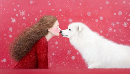 Obraz premium A loving interaction between a woman and her furry companion, with the dog leaning in for a kiss.