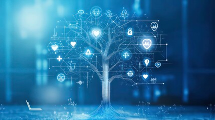 A digital tree with glowing health and medical icons, representing the growth of healthcare technology.