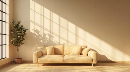 Beige sofa against grid window near stucco wall. Boho minimalist home interior design of modern living room.
