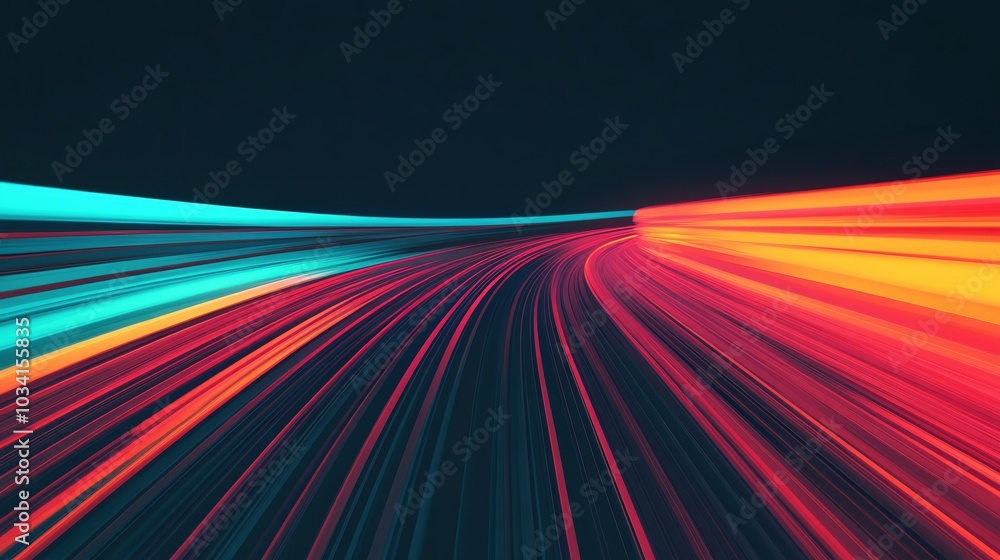 Poster vibrant light trails in motion creating an abstract pattern, dark background.