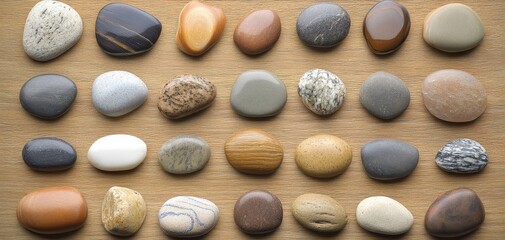 A collection of various smooth stones arranged neatly on a wooden surface, showcasing different colors, shapes, and textures.