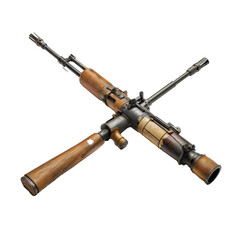 Detailed close-up of a vintage rifle with wooden accents, showcasing its craftsmanship in an artistic display against a plain background