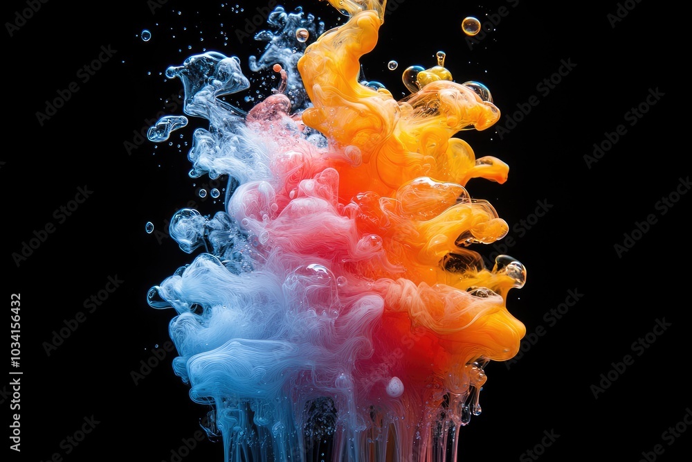 Poster Colorful ink mixing together creating abstract shapes on black background