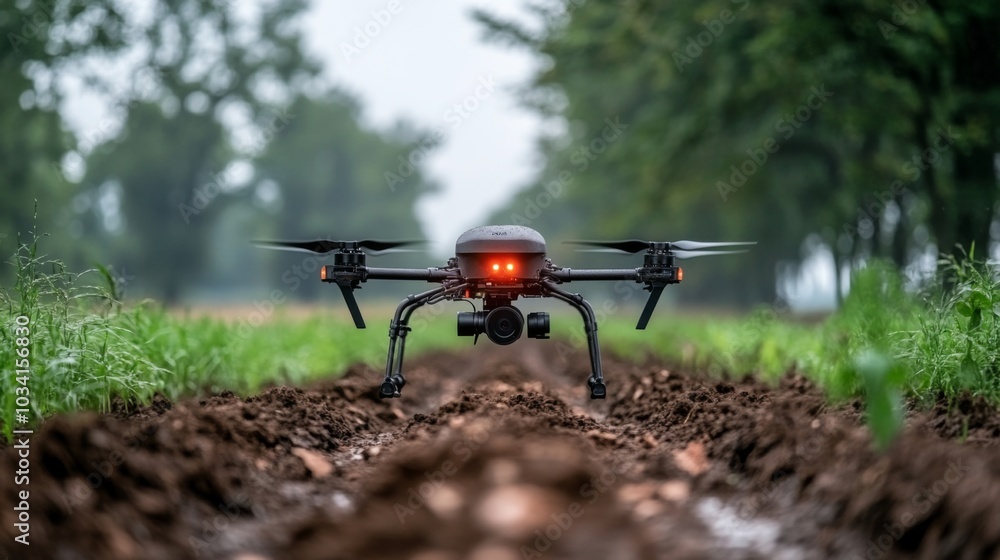 Poster a drone with a camera is positioned on farmland, capturing aerial views of agricultural fields surro