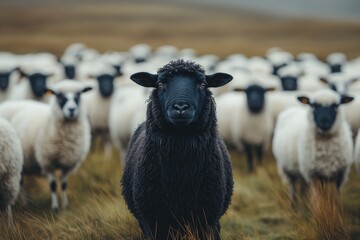 Obraz premium Black sheep standing out from the herd in a field