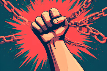 A powerful fist breaking free from chains in an illustrated style, symbolizing revolution, empowerment, and the fight against slavery and oppression