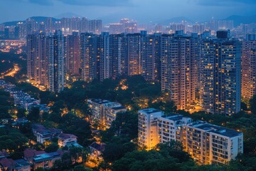 Dense hong kong skyline showing apartment buildings at dusk