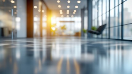 Fototapeta premium Blurred background of a modern, empty office with panoramic windows, sleek furniture, and bright natural light filtering through