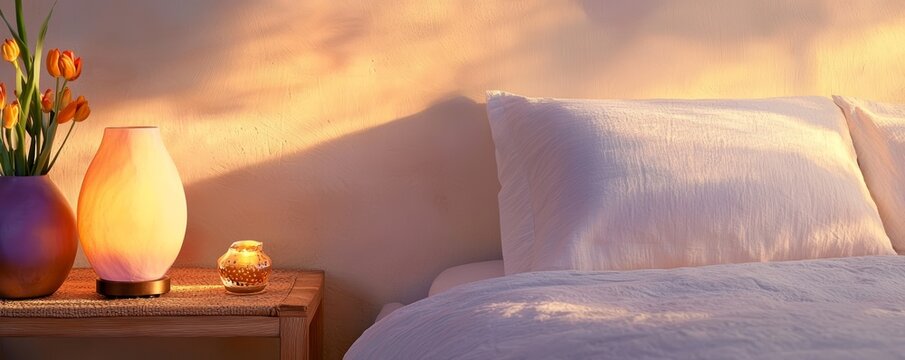A peaceful bedroom with soft, warm lighting and minimalist decor for a relaxing sleep environment.