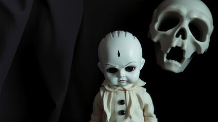 Eerie doll and skull against dark background – halloween theme for posters