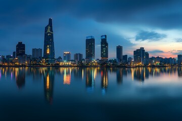 Obraz premium Skyline of a City with Skyscrapers Reflected in a Calm River at Dusk
