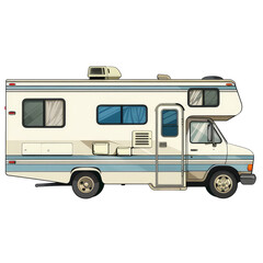 A vintage recreational vehicle parked by a scenic overlook during a sunny afternoon, ready for a weekend adventure in nature