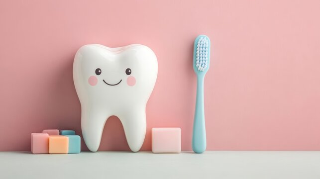 Cheerful tooth with a toothbrush in a colorful environment, ideal for dental care campaigns or kids' educational posters